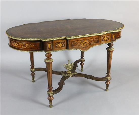 A 19th century French ormolu mounted marquetry centre table, W.4ft 6in. D.2ft 7in. H.2ft 7in.